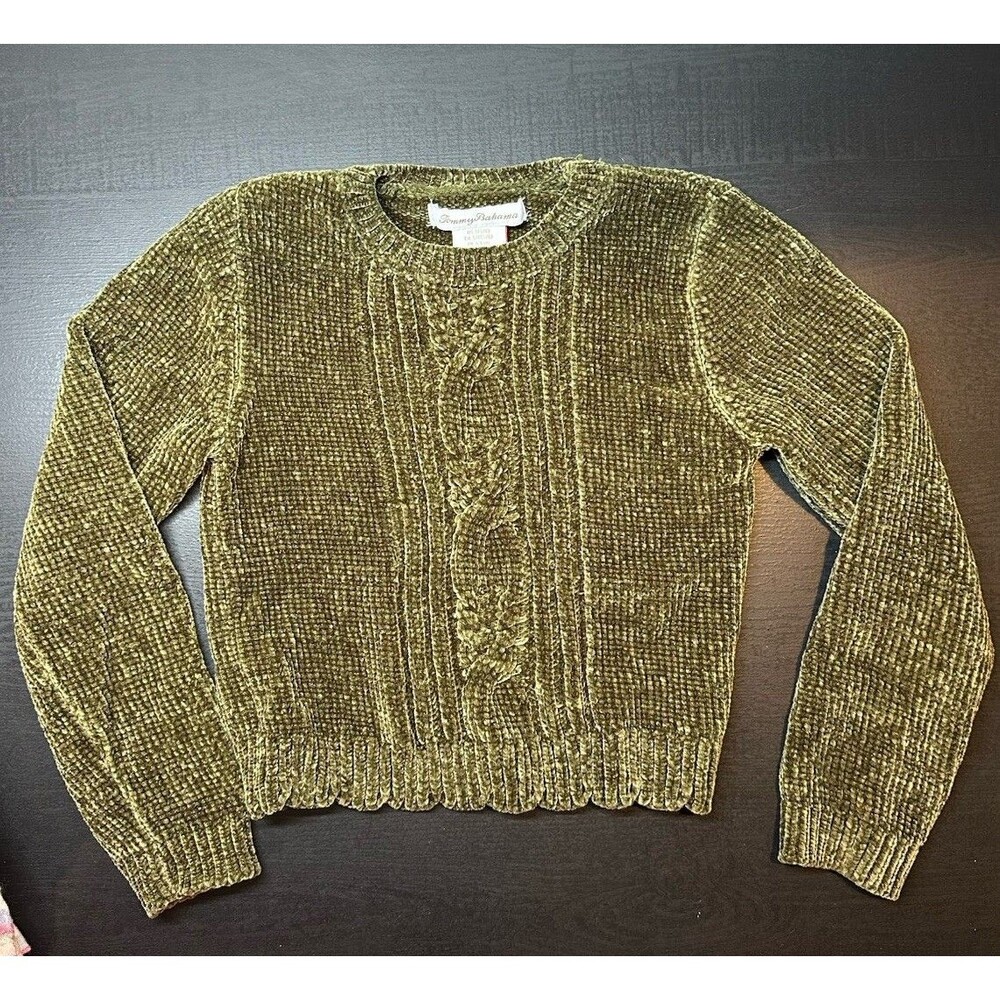 Tommy Bahama Girls Cable Sweater Sz S (5/6) Green Chenille Top
